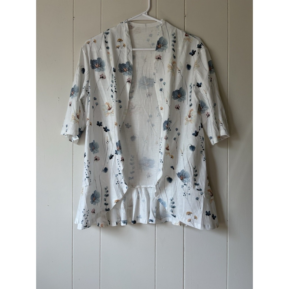 Women's White Floral Open Front Kimono Cardigan Ruffle Hem 3/4 Sleeve Size M